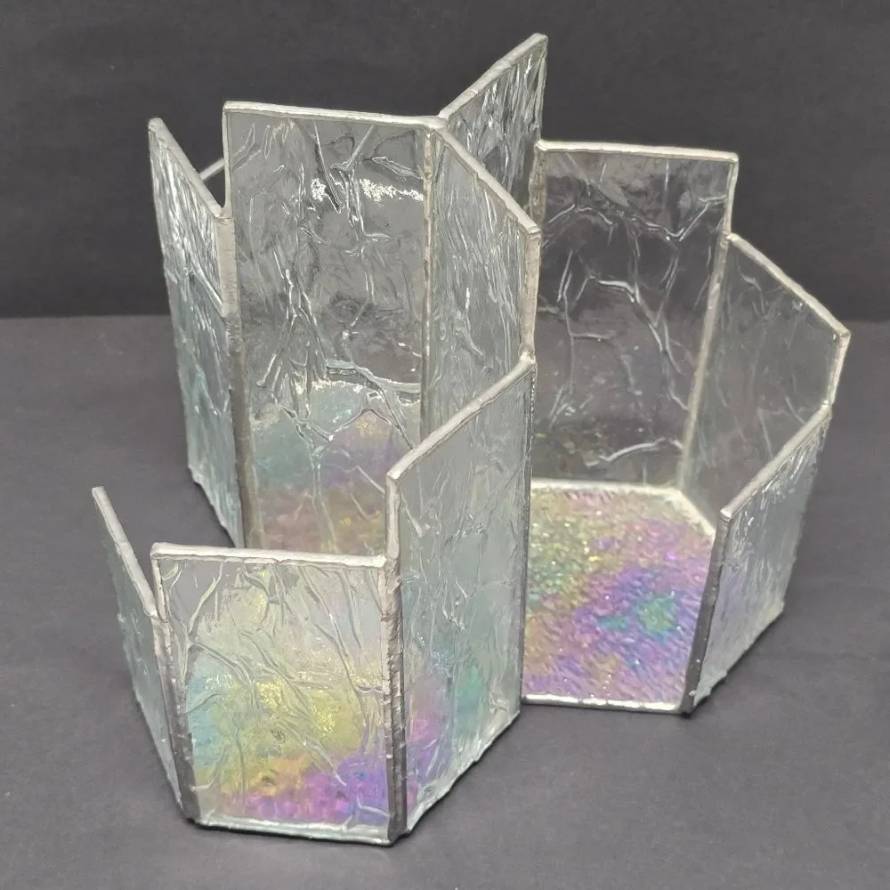 Vintage 3-slots Stained Glass Iridescent Bottom Modernist Votive Candle Holder
